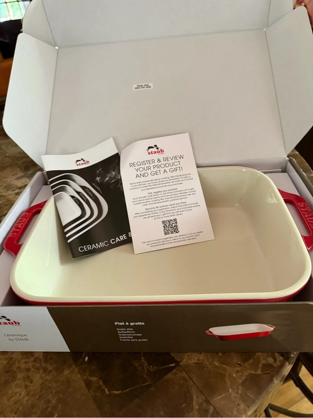 Staub Red Ceramic Rectangular Gratin Dish with Cream Interior
